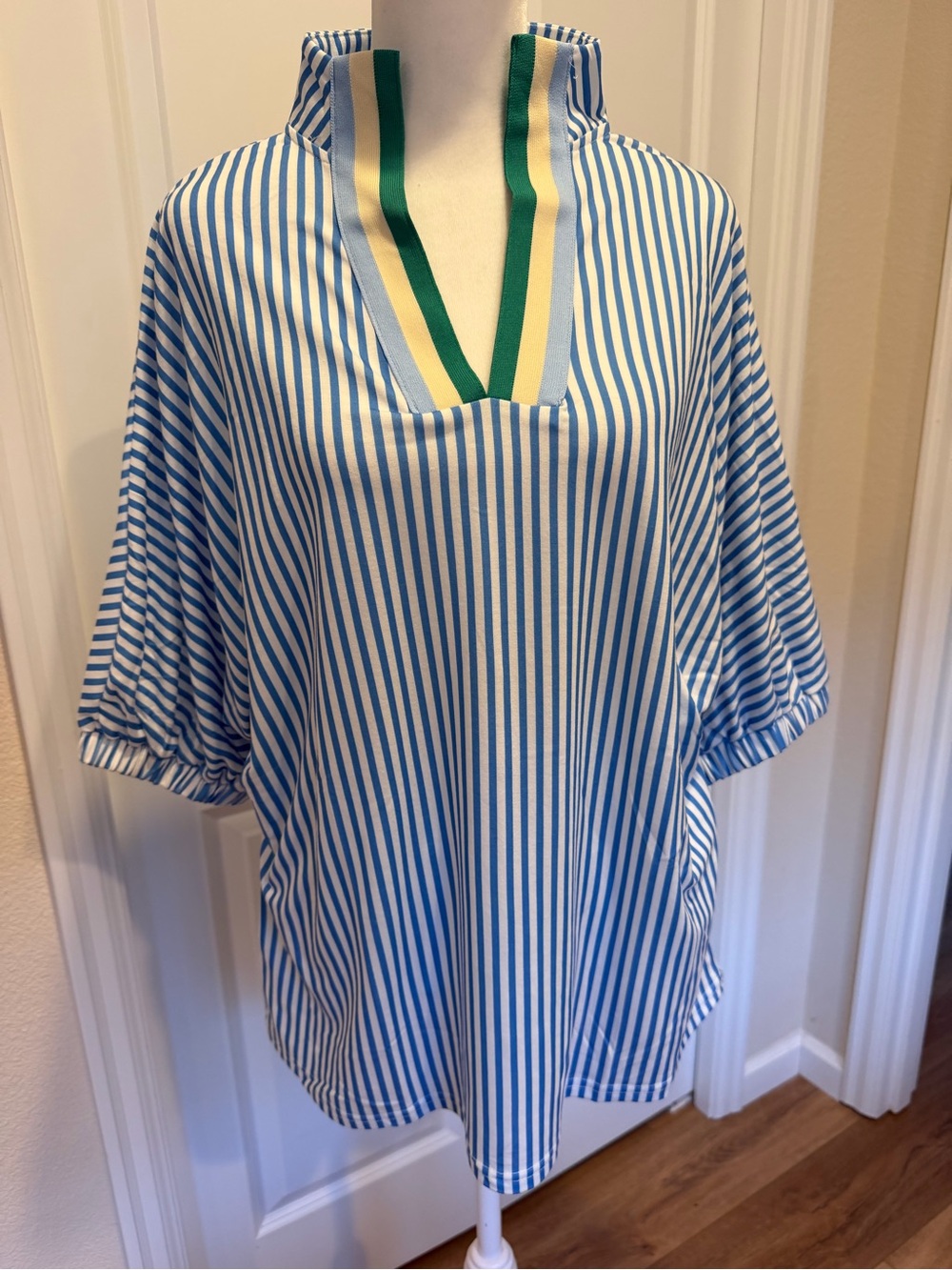 Striped Blue and White V-Neck Blouse with Green and Yellow Trim